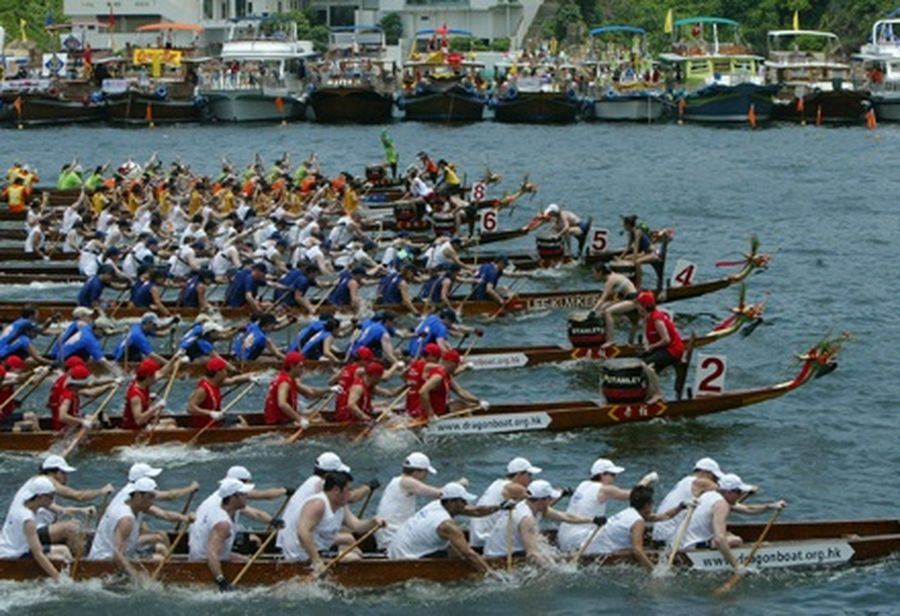 Participants compete in a dragon boat race at Hong Kong's Stanley Bay to celebrate the annual Tuen Ng or Dragon Boat Festival. 