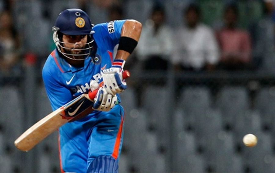 India's Virat Kohli hits a shot at a one-day international cricket match. 